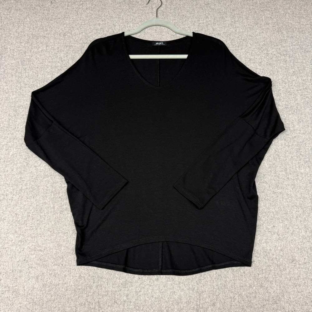 Aram's USA Batwing Long Sleeve Top One Size Black V-Neck High-Low Jersey Knit OS